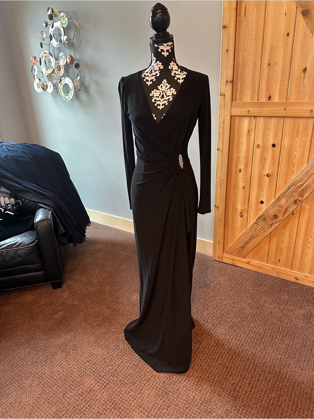 Lauren Ralph Lauren Black Long Sleeve Surplice Gown with Side Detail